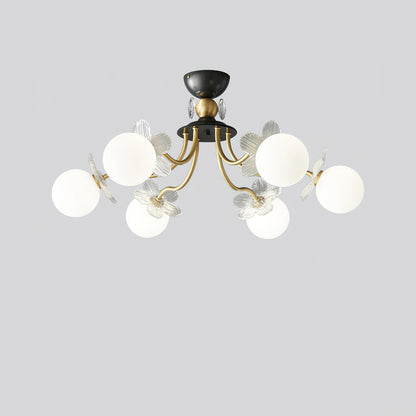 Blossom Flower Glass Chandelier 6 Heads ∅ 29.5″ x H 15.7″ / Dia 75cm x H 40cm / Brass & White Ceiling lamp