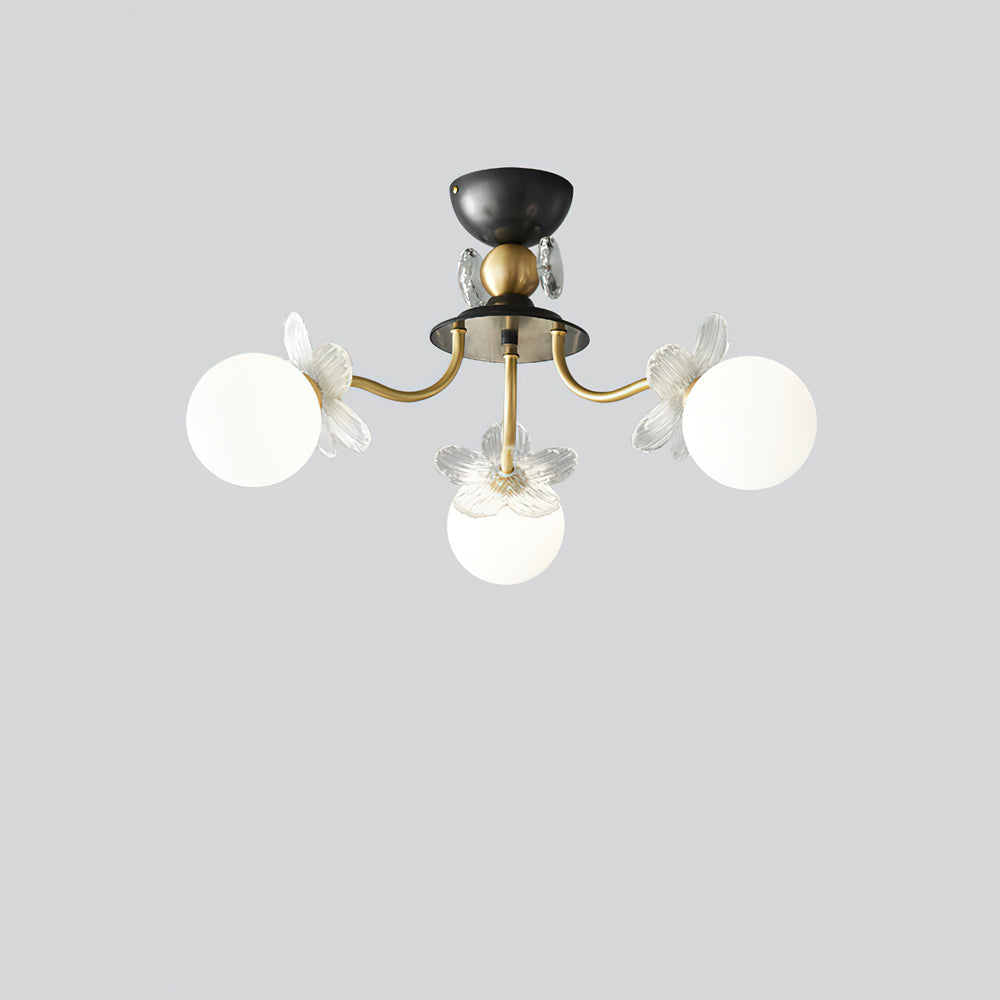 Blossom Flower Glass Chandelier 3 Heads ∅ 23.6″ x H 13.8″ / Dia 60cm x H 35cm / Brass & White Ceiling lamp