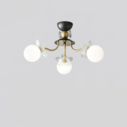 Blossom Flower Glass Chandelier 3 Heads ∅ 23.6″ x H 13.8″ / Dia 60cm x H 35cm / Brass & White Ceiling lamp