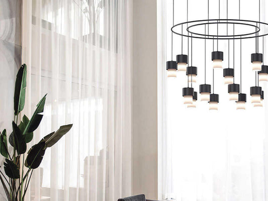 Luxcambra Kan 8-Light Modern Chandelier in Textured Black with Cotonet Shades