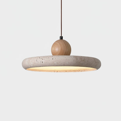 Lola Travertine Pendant Light ∅ 15.7″ x H 3.7″ / Yellow Travertine & Wood Color / Warm Light 1001 pendant Lamp