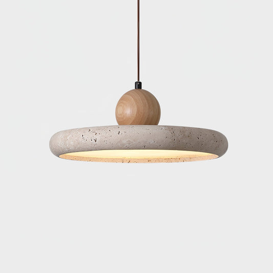 Lola Travertine Pendant Light ∅ 15.7″ x H 3.7″ / Yellow Travertine & Wood Color / Warm Light 1001 pendant Lamp