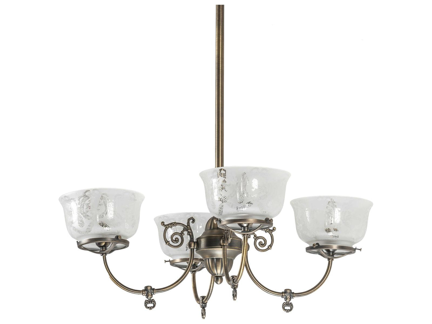 Meyda Revival Gas And Electric 4-Light Antique Brass Chandelier with Glass Bell Shades