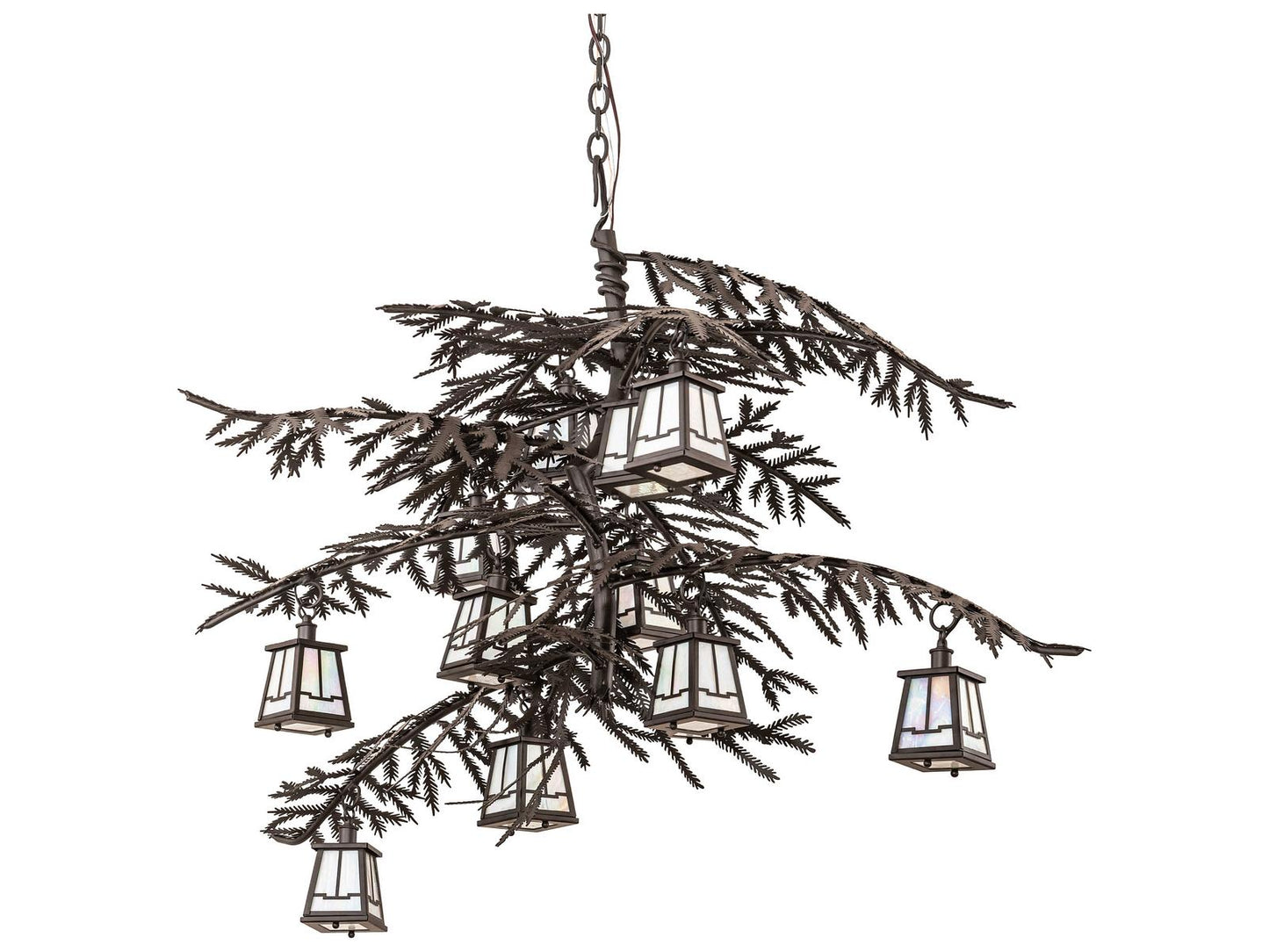 Meyda Pine Branch Valley View 12-Light Oil Rubbed Bronze Off White Glass Lantern Chandelier