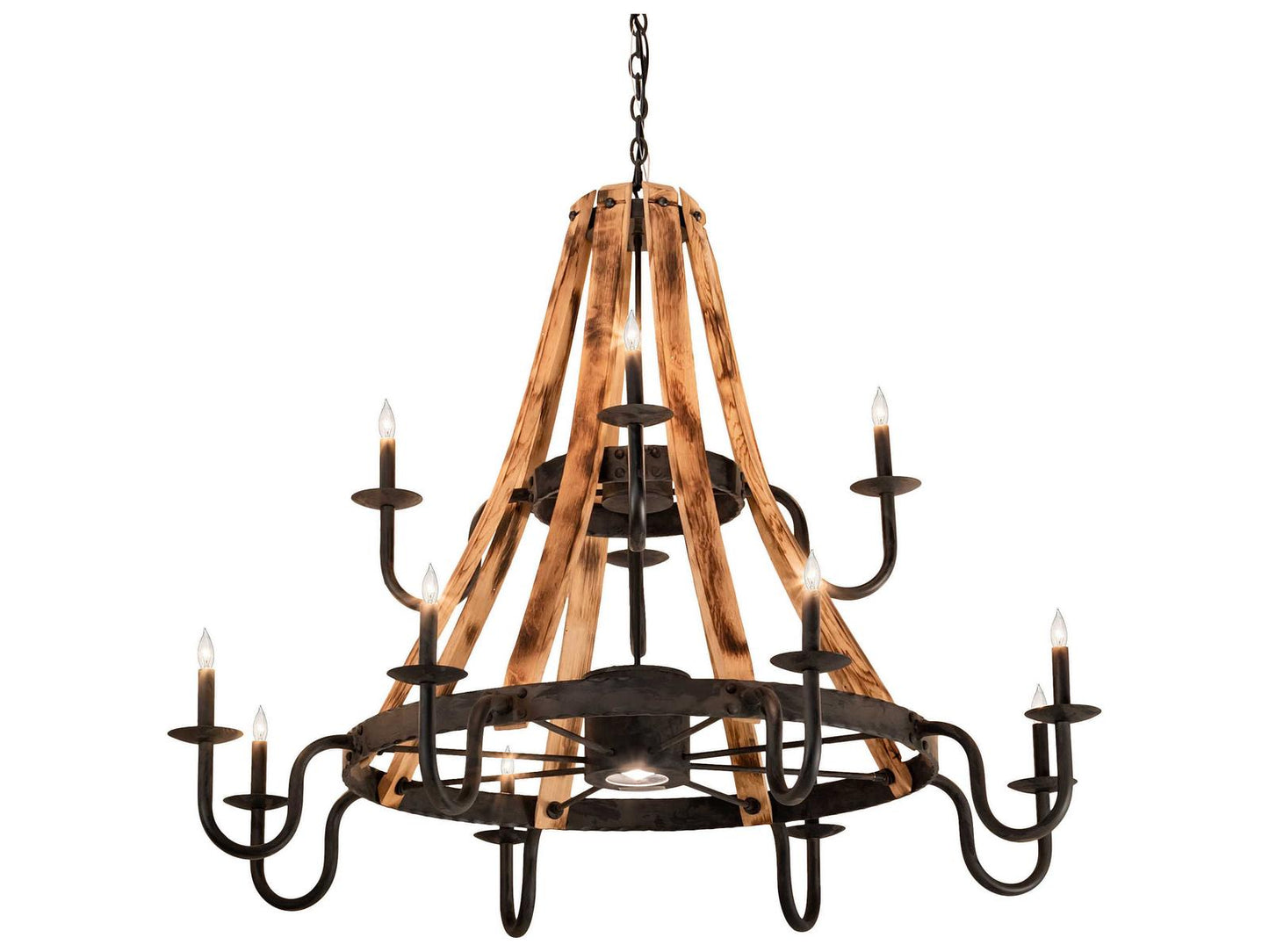 Meyda Barrel Stave 12-Light Candelabra Tiered Chandelier in Natural Wood and Black