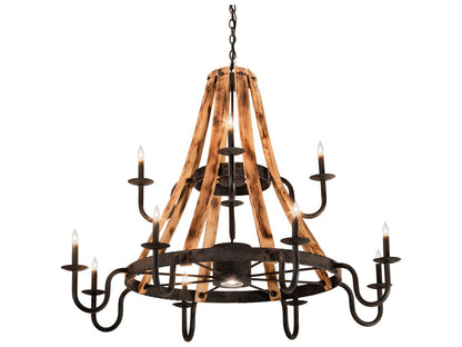 Meyda Barrel Stave 12-Light Candelabra Tiered Chandelier in Natural Wood and Black