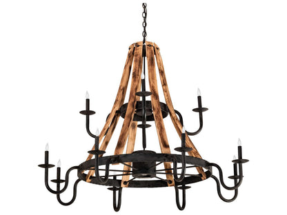 Meyda Barrel Stave 12-Light Candelabra Tiered Chandelier in Natural Wood and Black