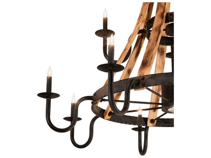 Meyda Barrel Stave 12-Light Candelabra Tiered Chandelier in Natural Wood and Black