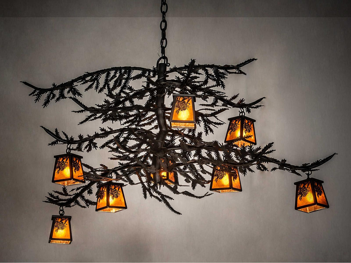 Meyda Pine Branch 8-Light Black Amber Mica Lantern Chandelier