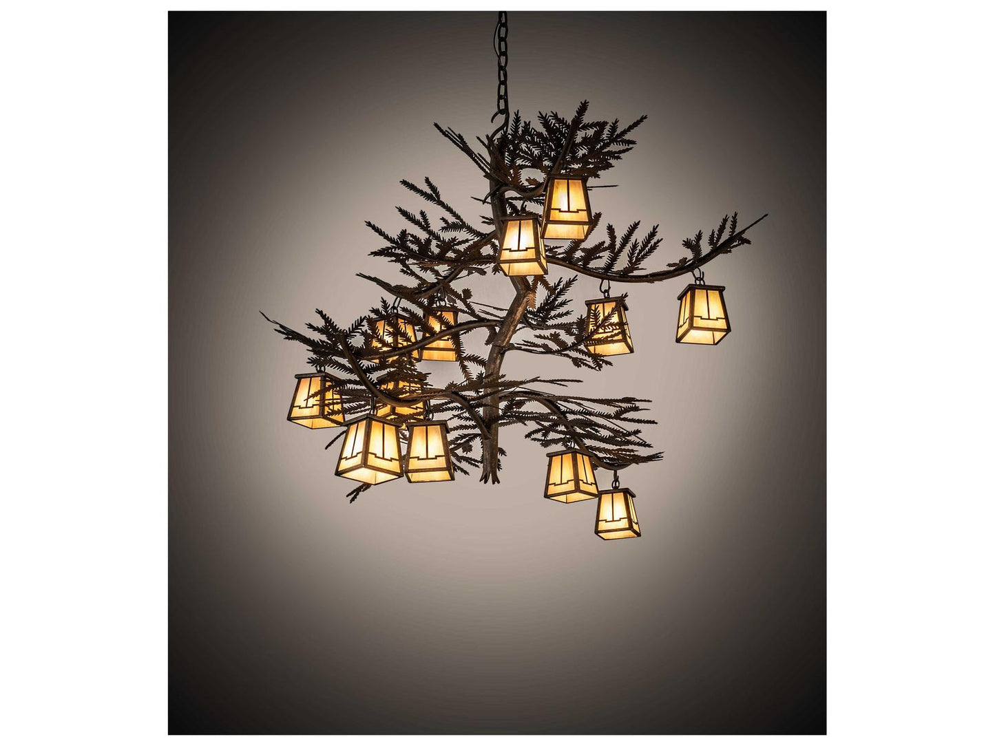 Meyda 12-Light Pine Branch Valley View Chandelier in Gilded Tobacco with Beige Glass