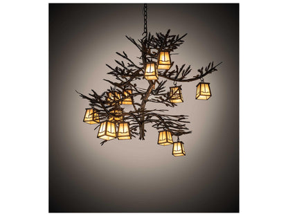 Meyda 12-Light Pine Branch Valley View Chandelier in Gilded Tobacco with Beige Glass