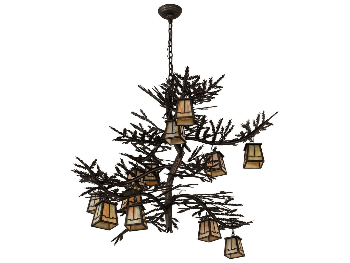 Meyda 12-Light Pine Branch Valley View Chandelier in Gilded Tobacco with Beige Glass