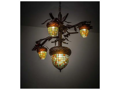 Meyda Acorn 3-Light Tiffany Bell Chandelier in Ruby Amber Green Glass with Rococco Finish