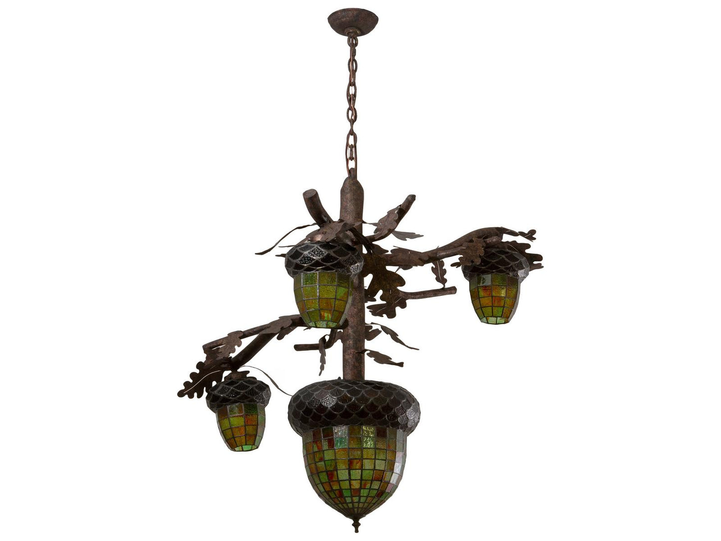 Meyda Acorn 3-Light Tiffany Bell Chandelier in Ruby Amber Green Glass with Rococco Finish