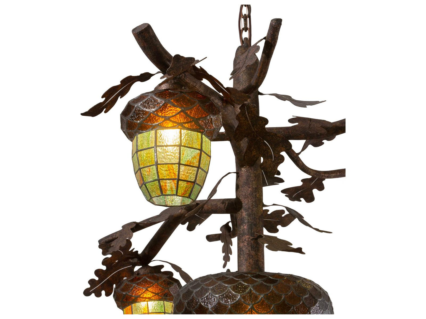 Meyda Acorn 3-Light Tiffany Bell Chandelier in Ruby Amber Green Glass with Rococco Finish