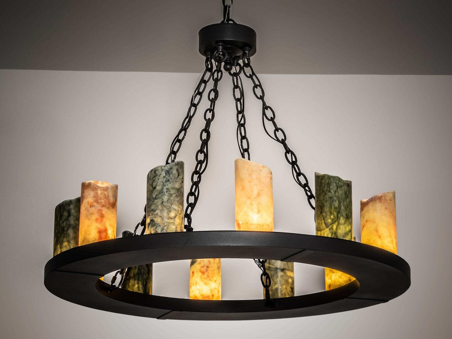 Meyda Loxley 12-Light Wrought Iron Chandelier with Green Jadestone Shades