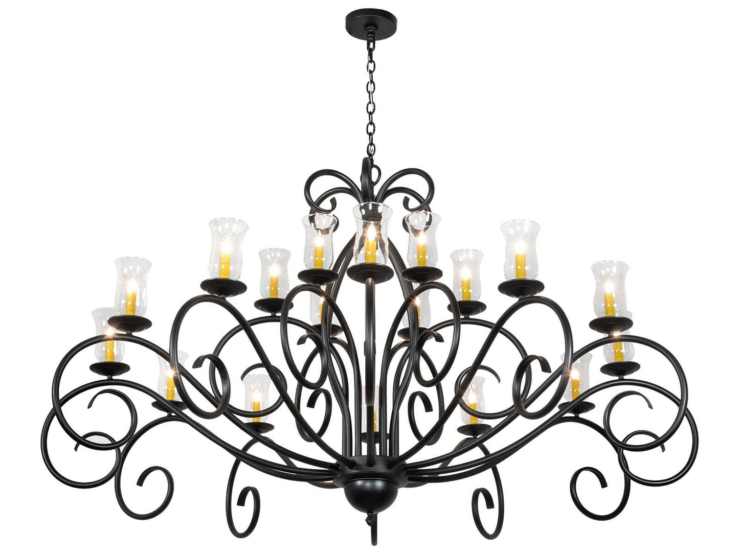 Meyda Sienna 18-Light Candelabra Chandelier with Clear Hurricane Glass Shades in Satin Black Wrought Iron