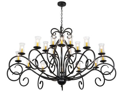 Meyda Sienna 18-Light Candelabra Chandelier with Clear Hurricane Glass Shades in Satin Black Wrought Iron