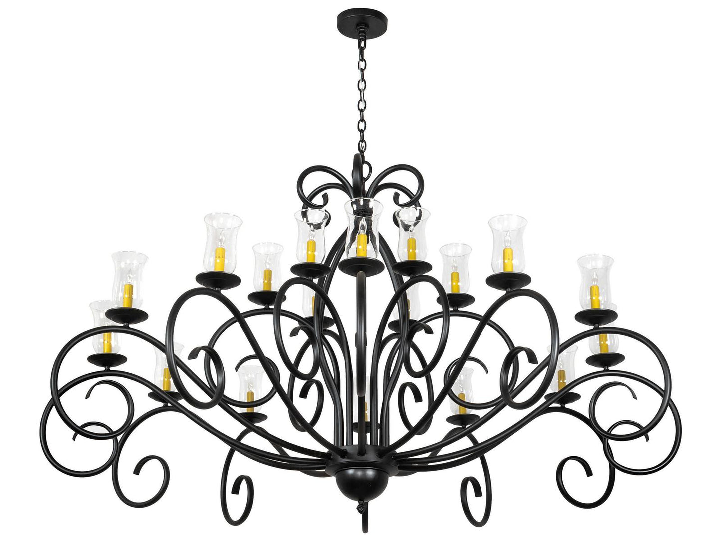 Meyda Sienna 18-Light Candelabra Chandelier with Clear Hurricane Glass Shades in Satin Black Wrought Iron