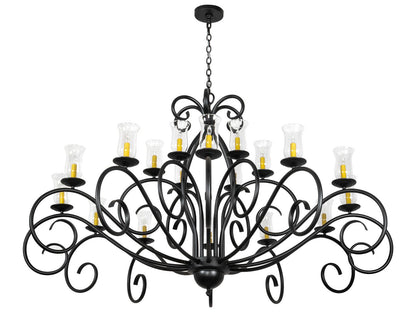 Meyda Sienna 18-Light Candelabra Chandelier with Clear Hurricane Glass Shades in Satin Black Wrought Iron