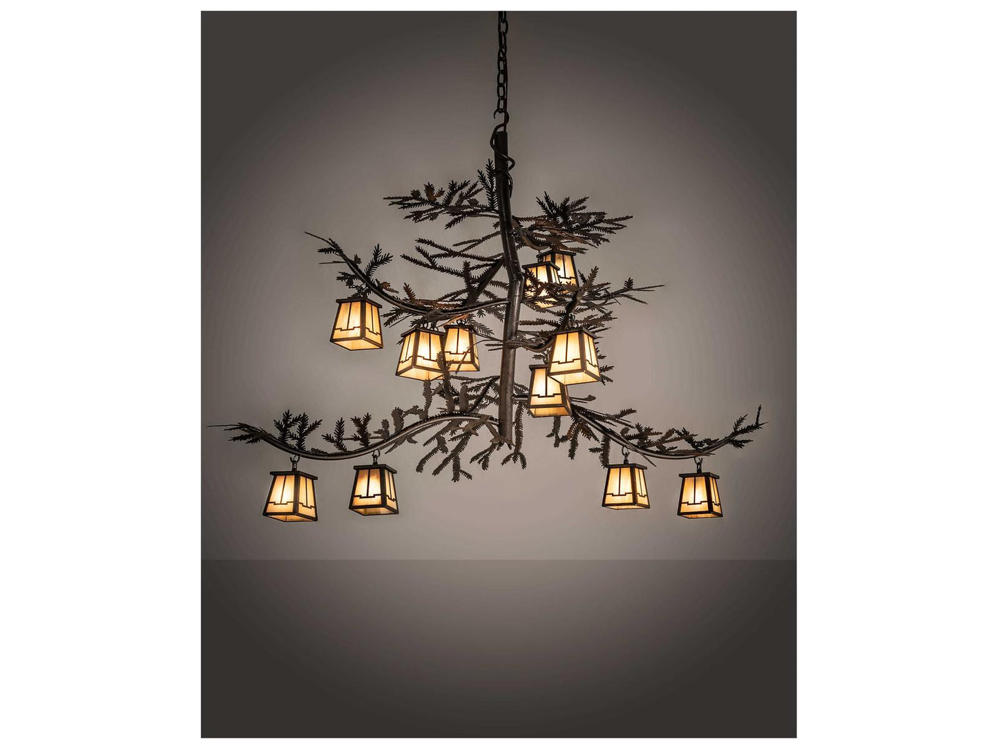 Meyda Pine Branch 12-Light Chandelier with Rust Copper Finish and Beige Iridescent Glass