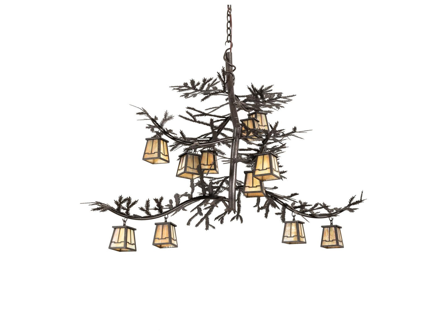 Meyda Pine Branch 12-Light Chandelier with Rust Copper Finish and Beige Iridescent Glass