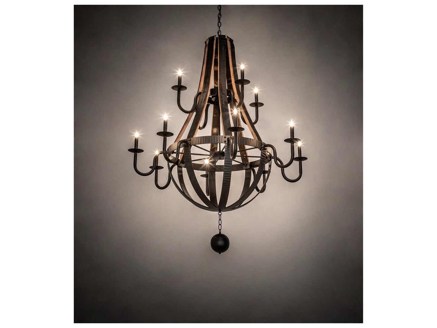 Meyda Barrel Stave 12-Light Natural Wood Tiered Chandelier in Oil Rubbed Bronze