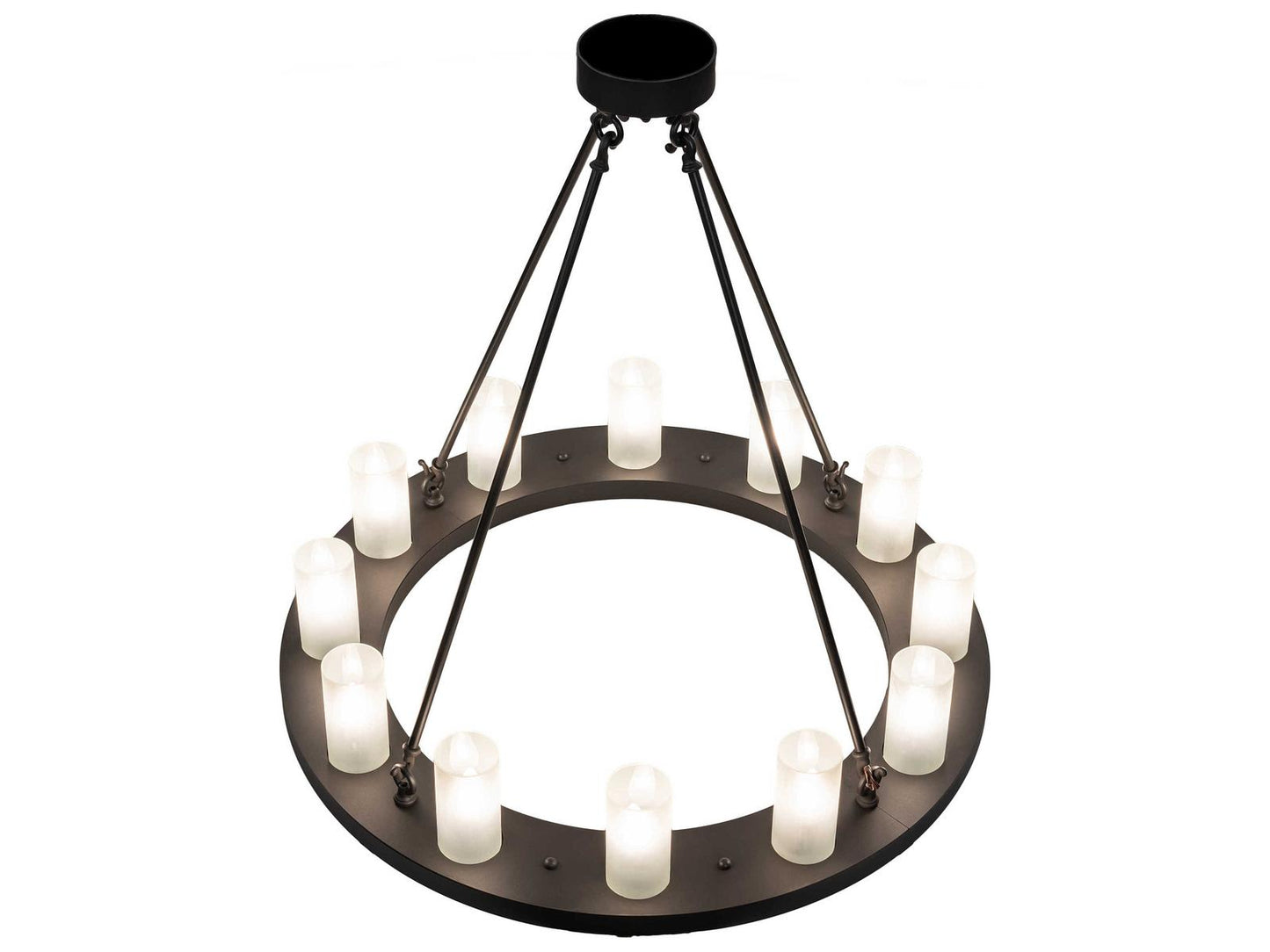 Meyda Loxley 12-Light Wrought Iron Chandelier with Clear Frosted Glass Cylinders