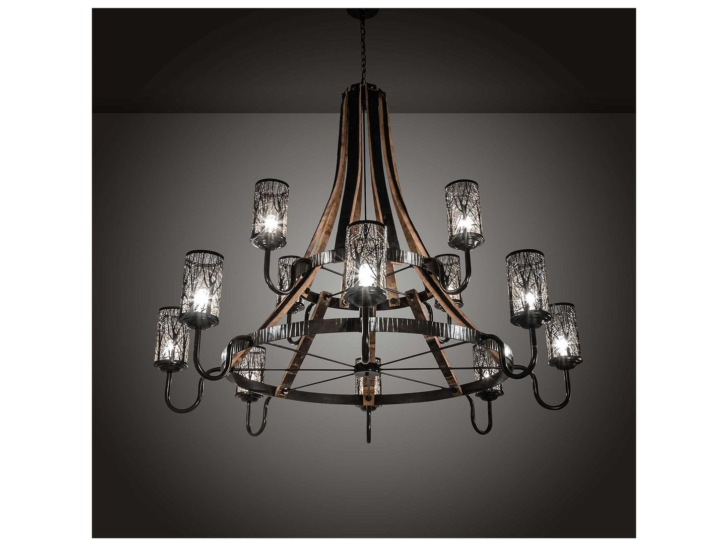 Meyda Barrel Stave 12-Light Natural Wood Timeless Bronze Cylinder Tiered Chandelier