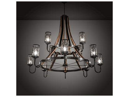 Meyda Barrel Stave 12-Light Natural Wood Timeless Bronze Cylinder Tiered Chandelier
