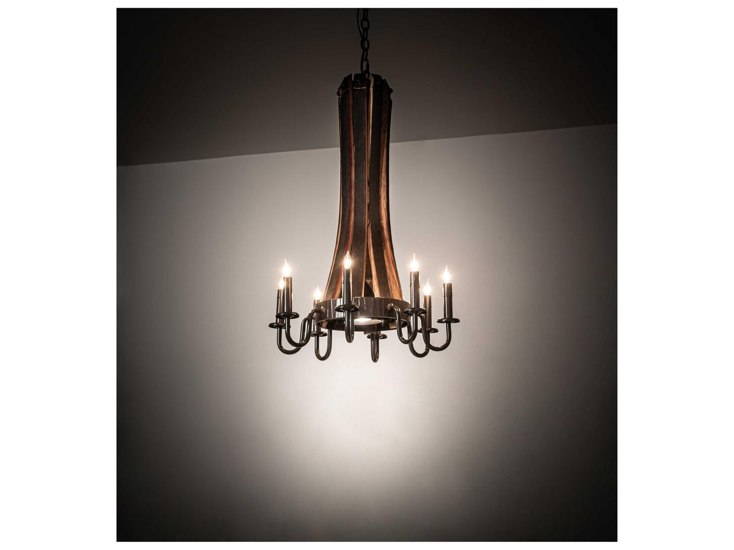 Meyda Barrel Stave 8-Light Candelabra Chandelier in Natural Wood and Timeless Bronze