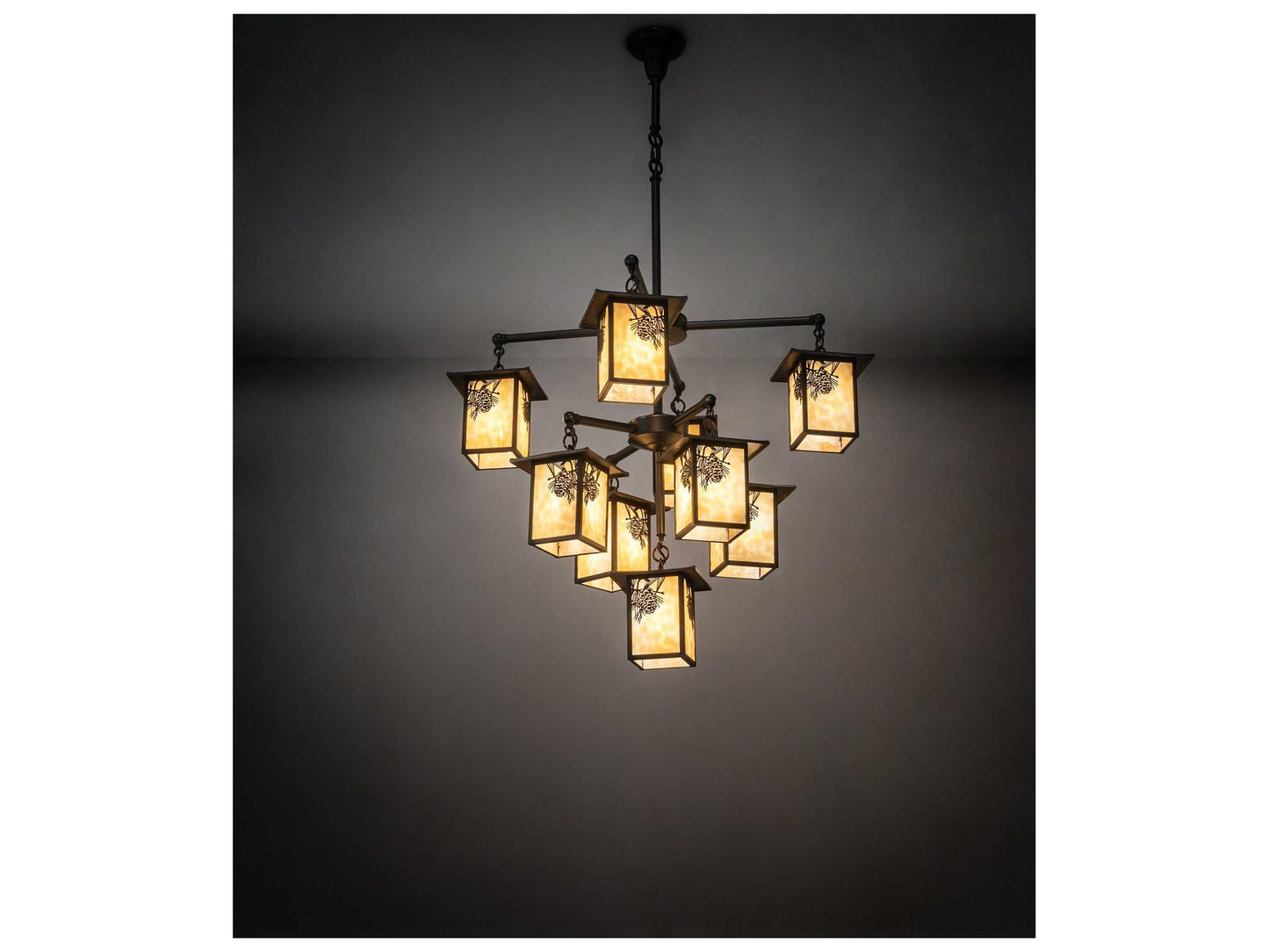 Meyda Seneca Winter Pine 9-Light Craftsman Brown Chandelier with Beige Art Glass