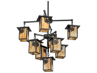 Meyda Seneca Winter Pine 9-Light Craftsman Brown Chandelier with Beige Art Glass