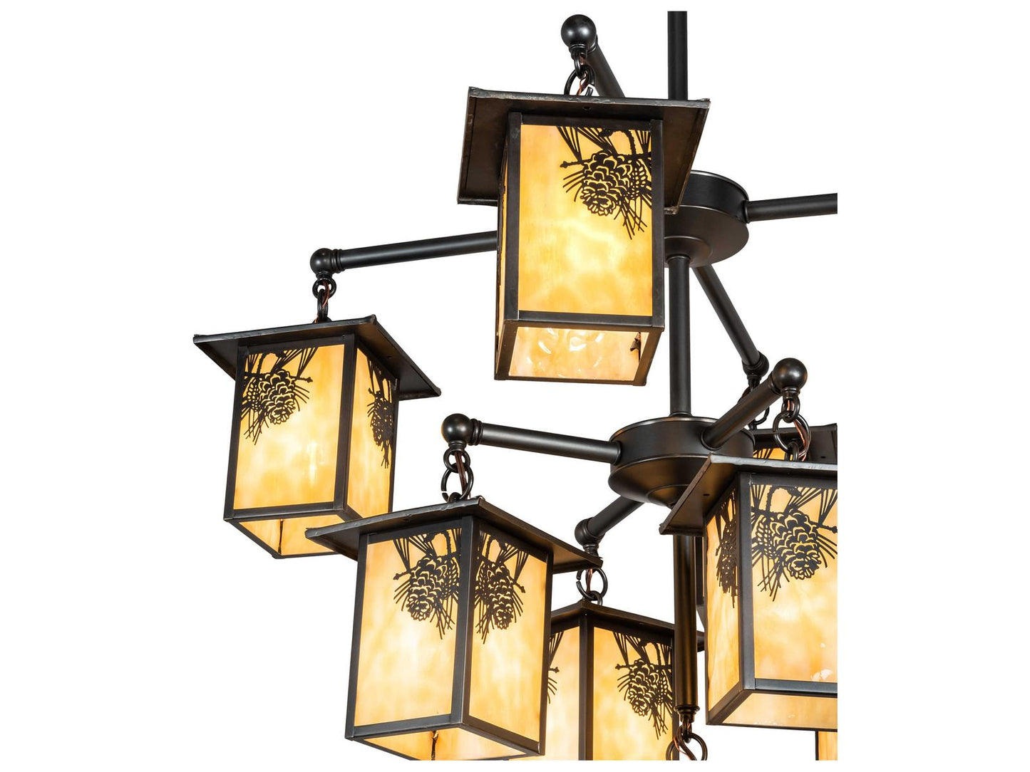 Meyda Seneca Winter Pine 9-Light Craftsman Brown Chandelier with Beige Art Glass