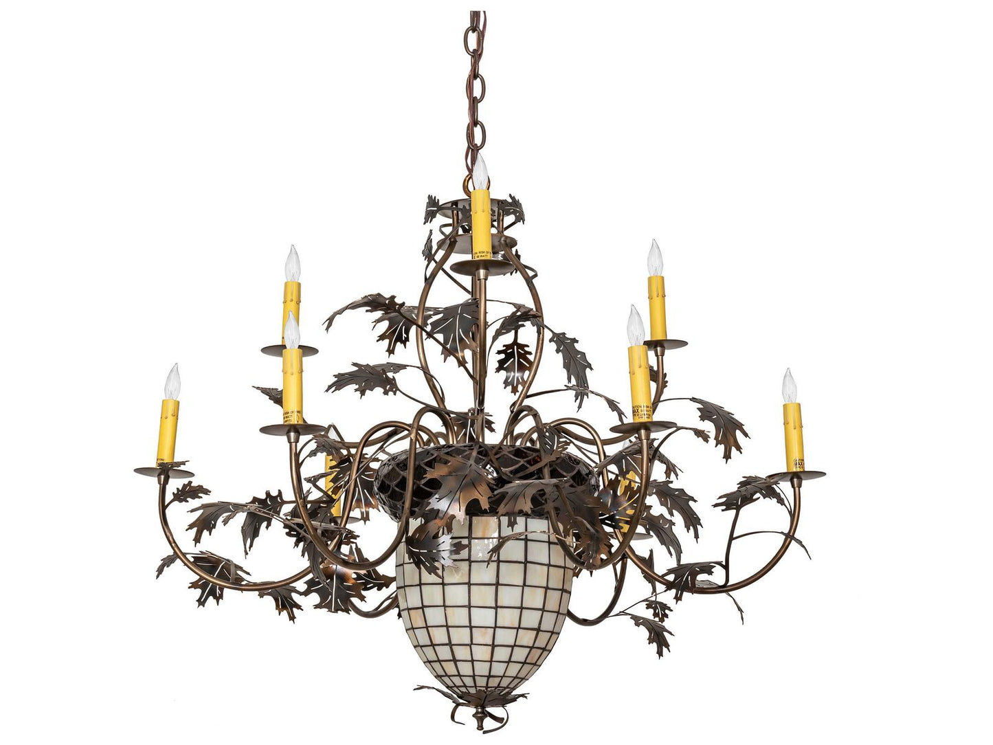 Meyda Greenbriar Oak 11-Light Stained Glass Bell Candelabra Chandelier in Antique Copper