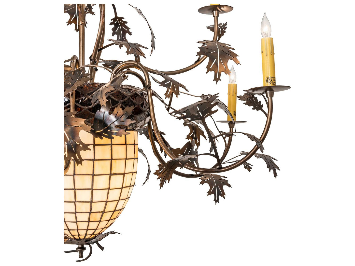 Meyda Greenbriar Oak 11-Light Stained Glass Bell Candelabra Chandelier in Antique Copper