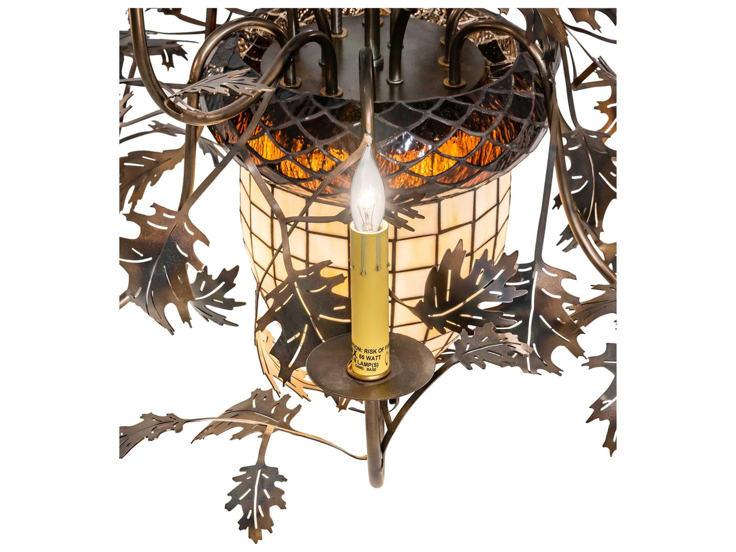 Meyda Greenbriar Oak 11-Light Stained Glass Bell Candelabra Chandelier in Antique Copper