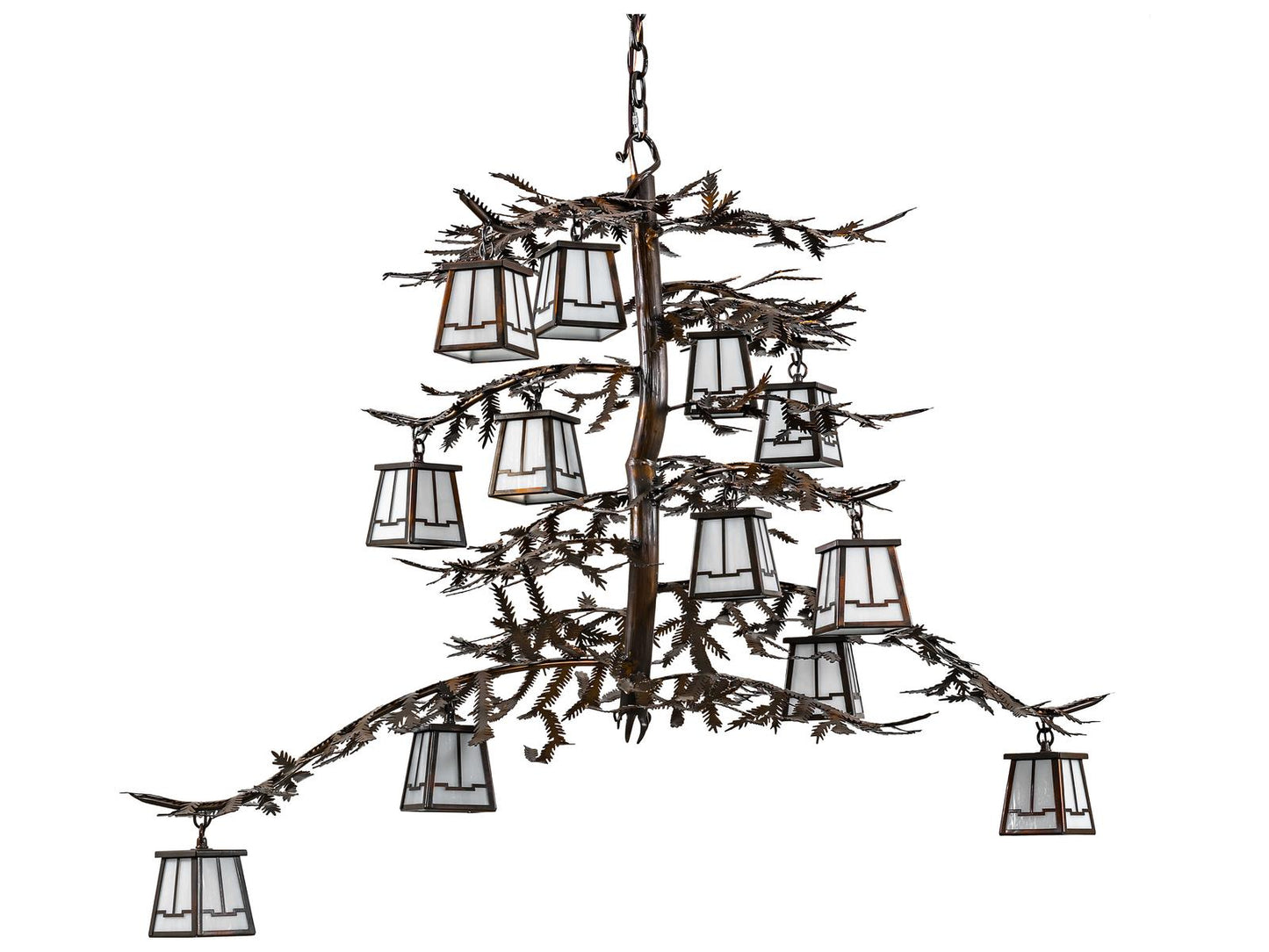 Meyda Pine Branch 12-Light Vintage Copper Linear Chandelier with White Opal Glass