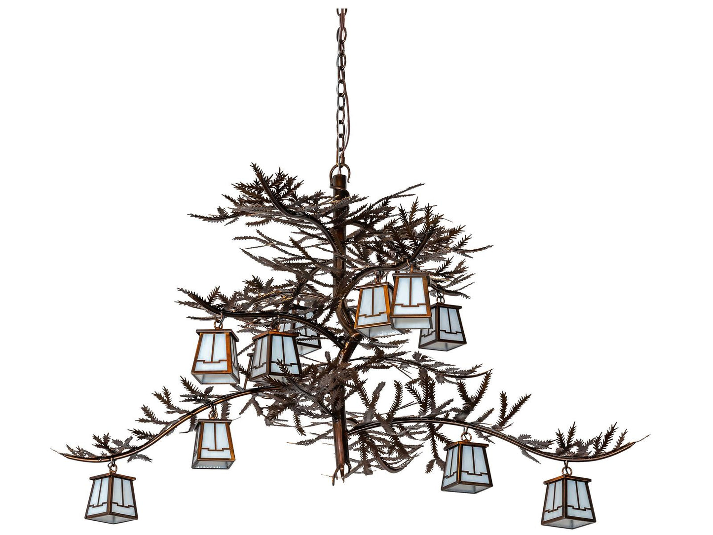 Meyda Pine Branch 12-Light Chandelier in Vintage Copper with White Opal Glass