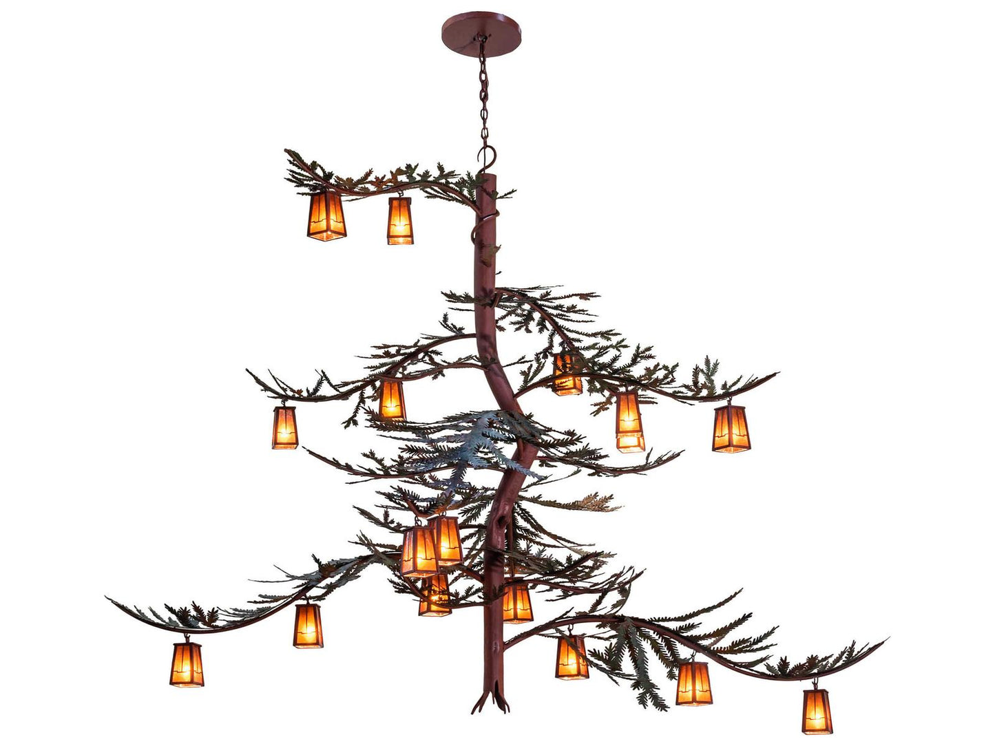 Meyda Pine Branch Valley View 18-Light Chandelier in Rust and Green Trees