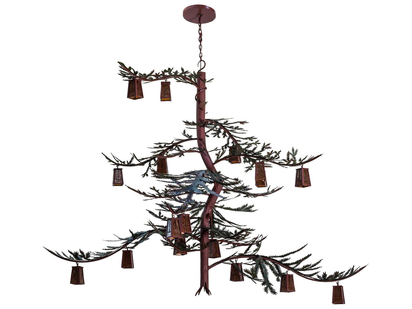 Meyda Pine Branch Valley View 18-Light Chandelier in Rust and Green Trees