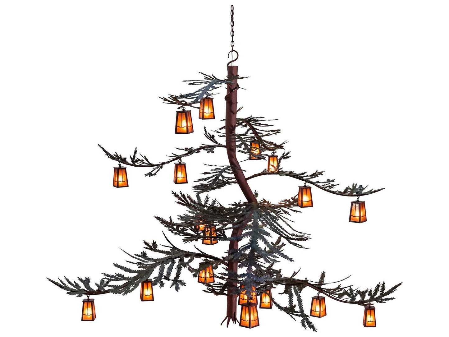 Meyda Pine Branch Valley View 18-Light Chandelier in Rust and Green Trees
