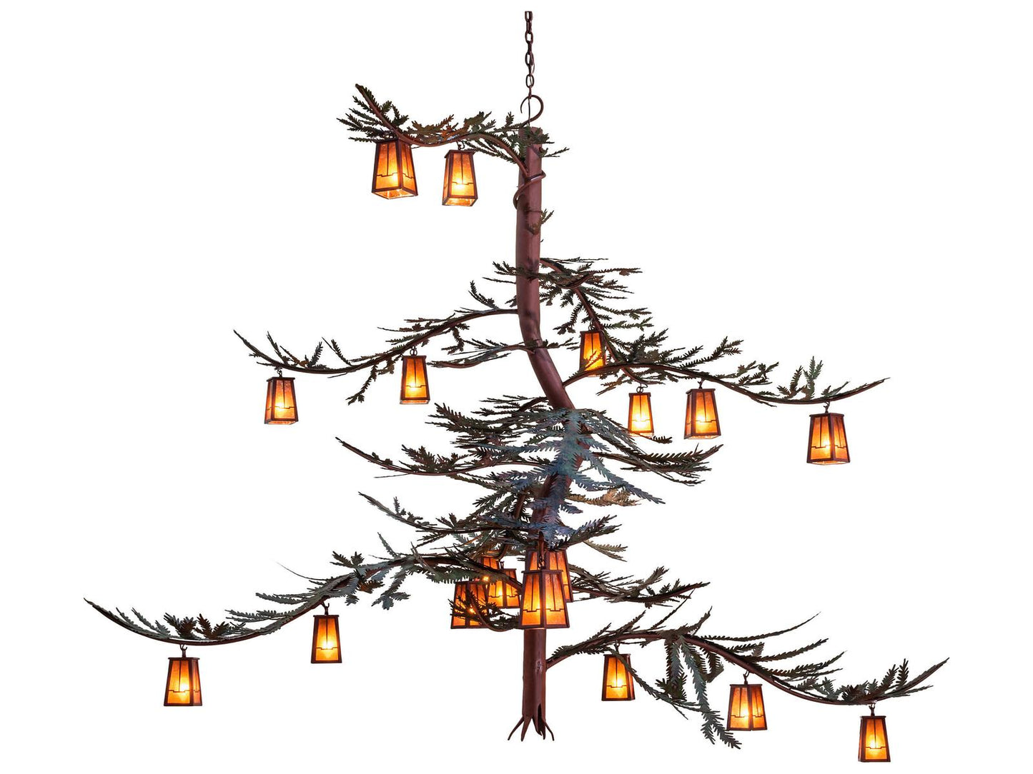Meyda Pine Branch Valley View 18-Light Chandelier in Rust and Green Trees