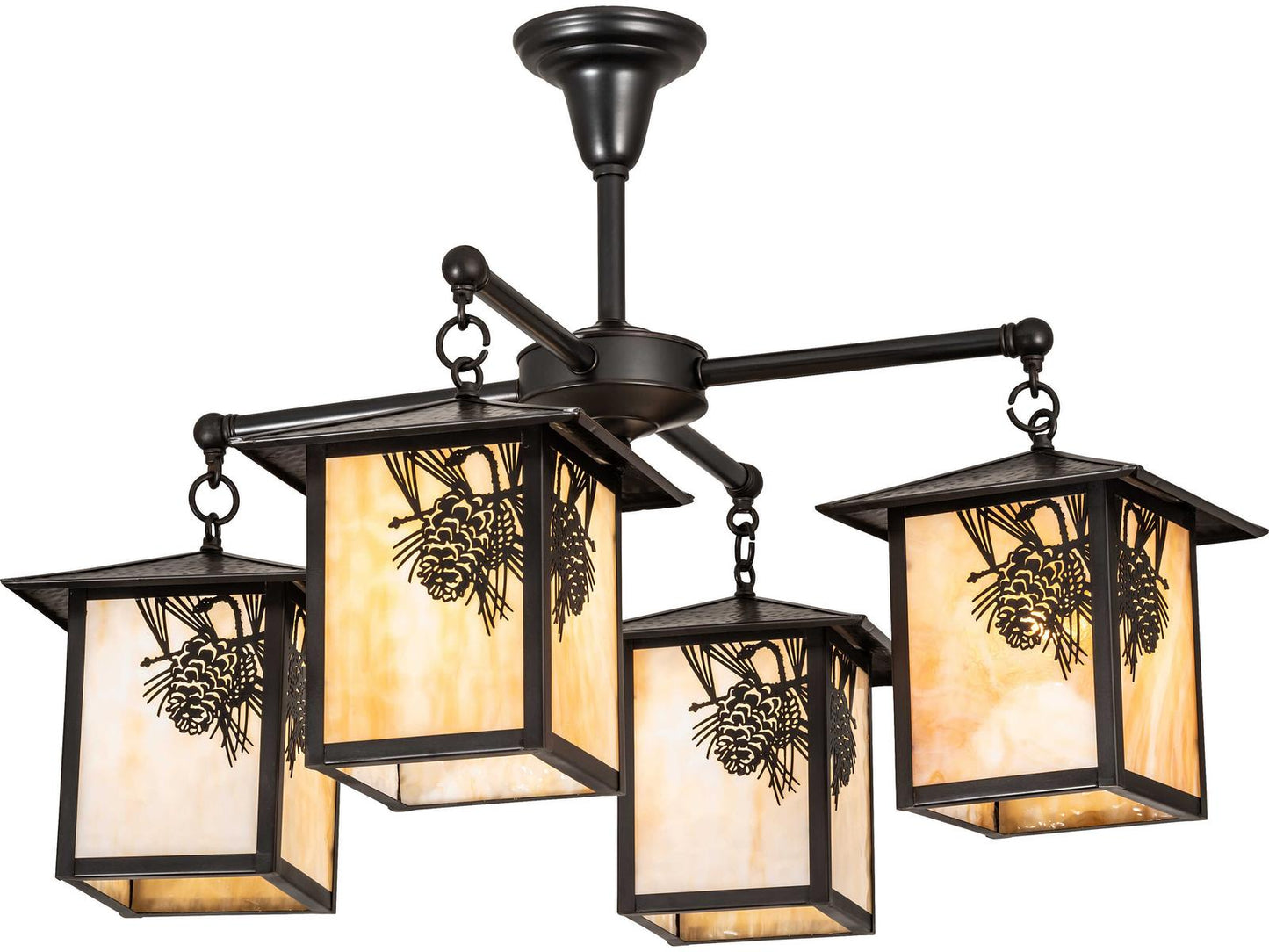 Meyda Seneca Winter Pine 4-Light Chandelier in Craftsman Brown with Beige Art Glass