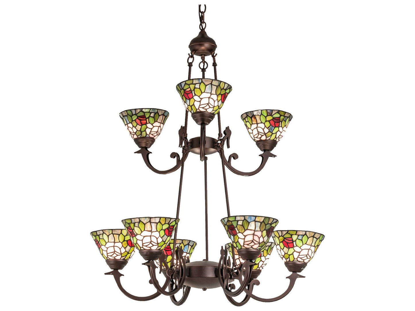 Meyda Tiffany Roman 9-Light Tiered Chandelier in Mahogany Bronze with Stained Glass