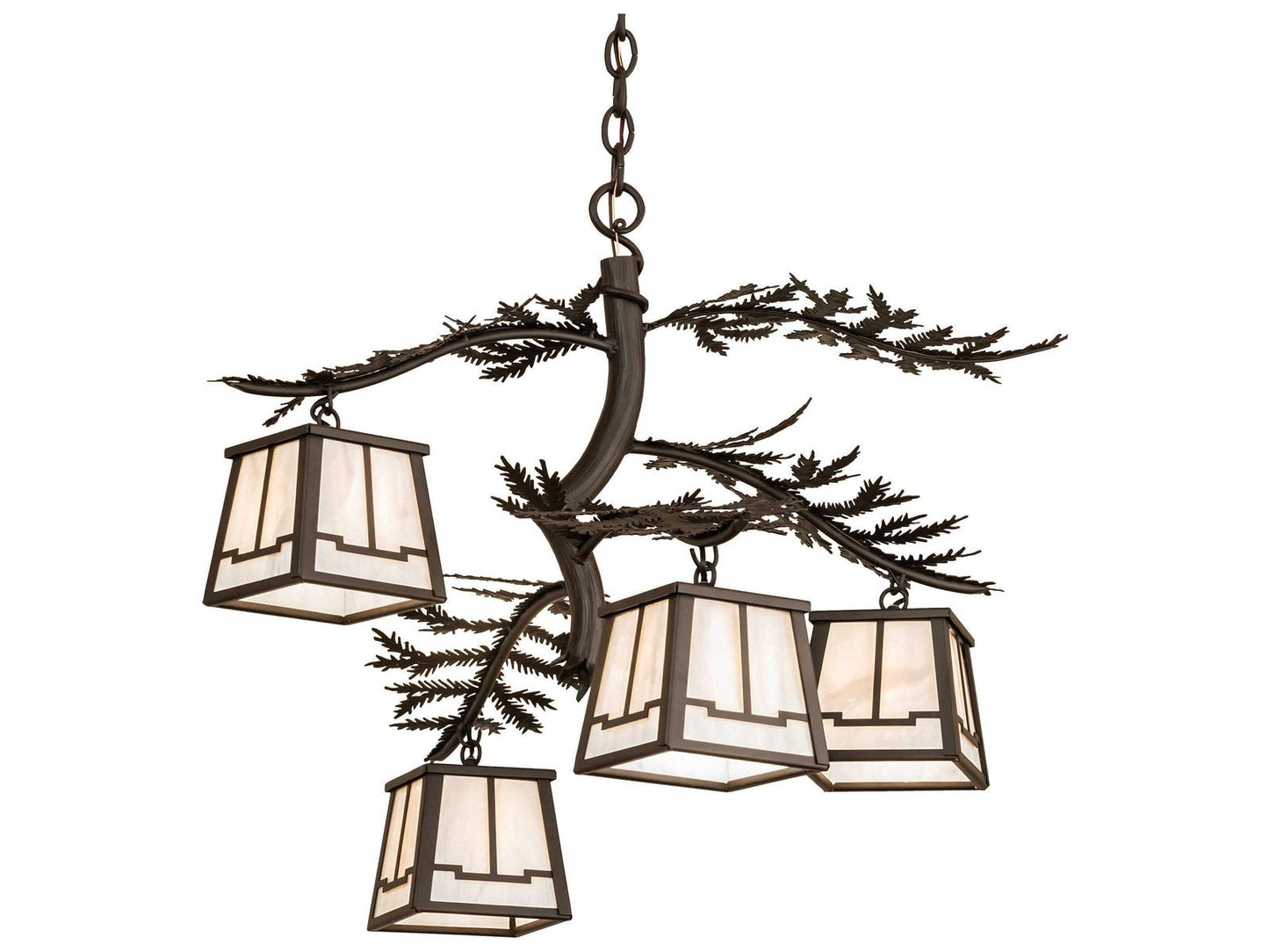 Meyda Pine Branch Valley View 4-Light Lantern Chandelier in Oil Rubbed Bronze with Black Glass Panels
