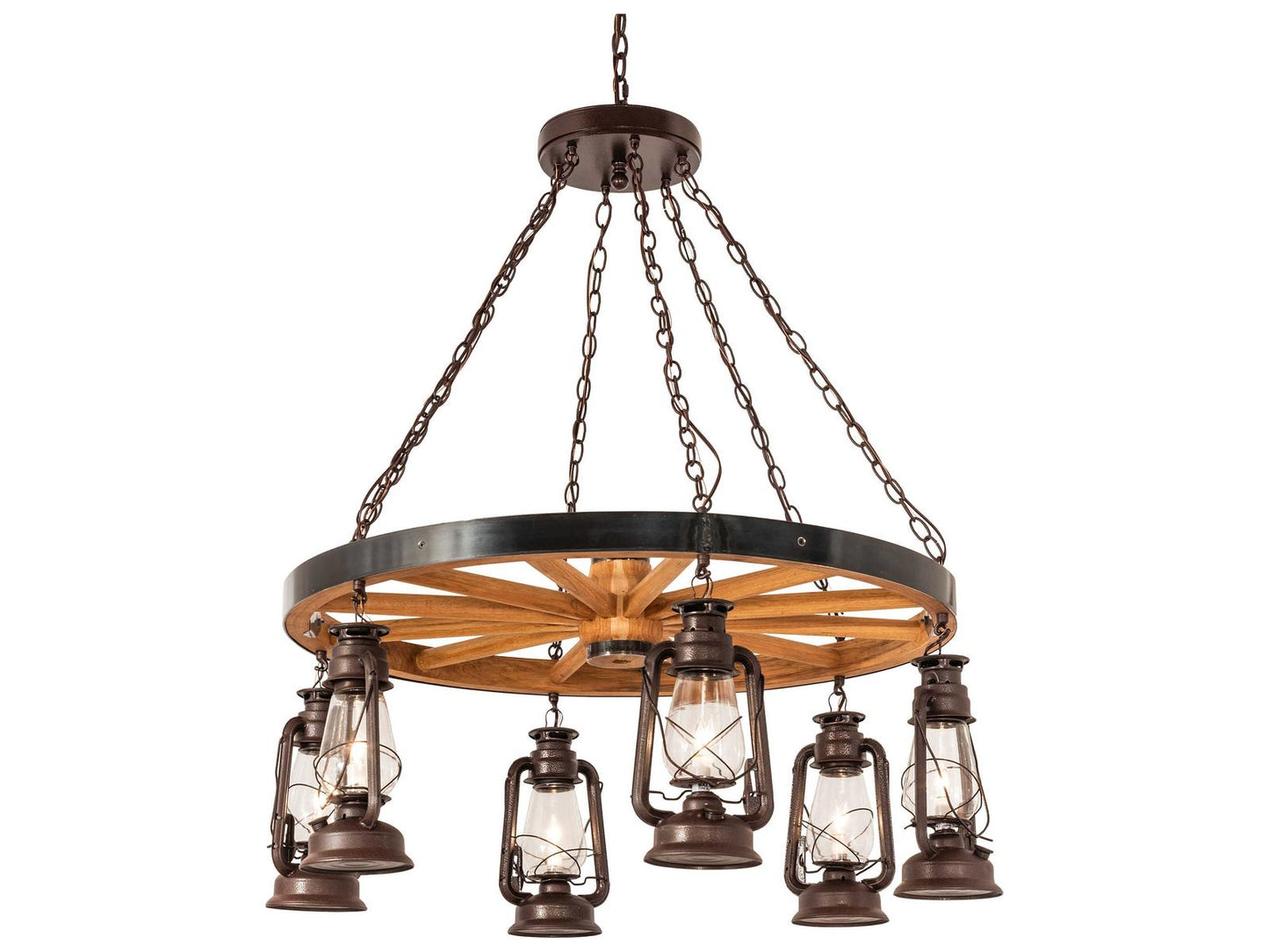 Meyda Miners Lantern Wagon Wheel 6-Light Chandelier in Rust Black with Natural Wood