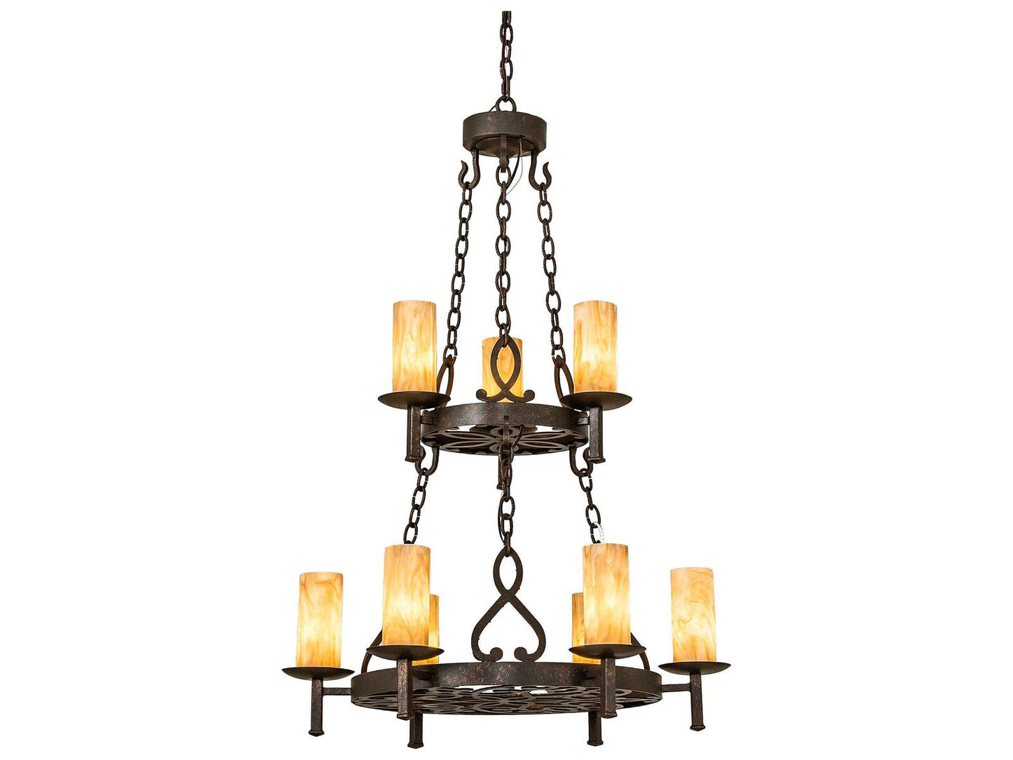 Meyda Newcastle 9-Light Tiered Chandelier with Tawnyrock Idalight Cylinders in Gilded Tobacco
