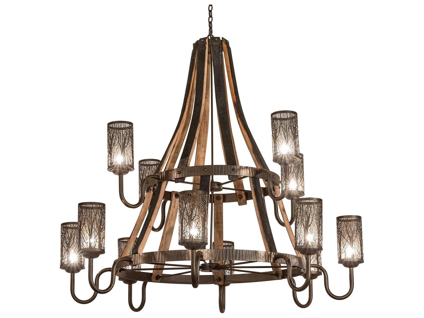 Meyda Barrel Stave 12-Light Winter Maple Tiered Chandelier in Bronze and Charred Wood
