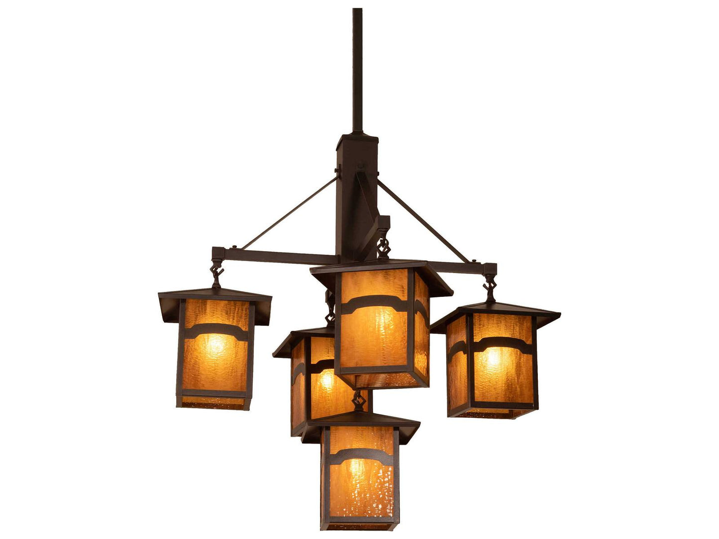 Meyda Seneca 5-Light Craftsman Brown Glass Lantern Chandelier with Beige Glass